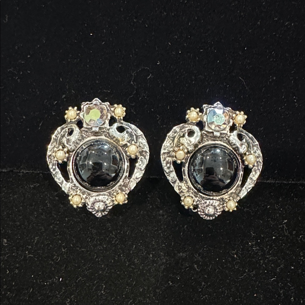 Faux Pearl, Silver and Black Clip-On Earrings
